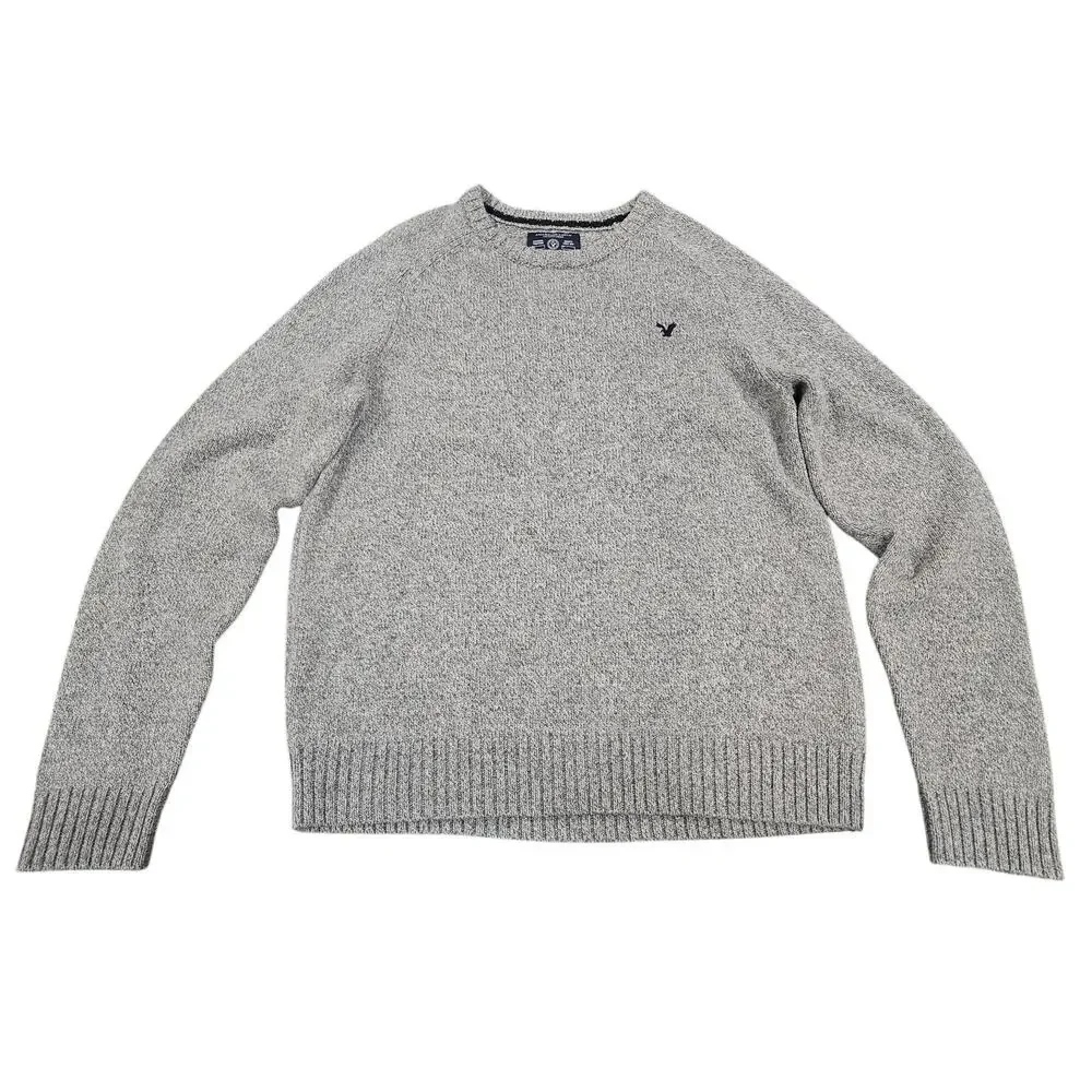 American Eagle Men’s Sweater L Gray Crewneck Elbow Patch Preppy Classic